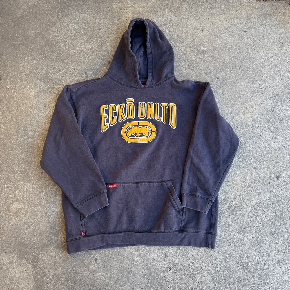 Y2K Ecko Unlimited Navy Hoodie with Yellow Accents Size XL